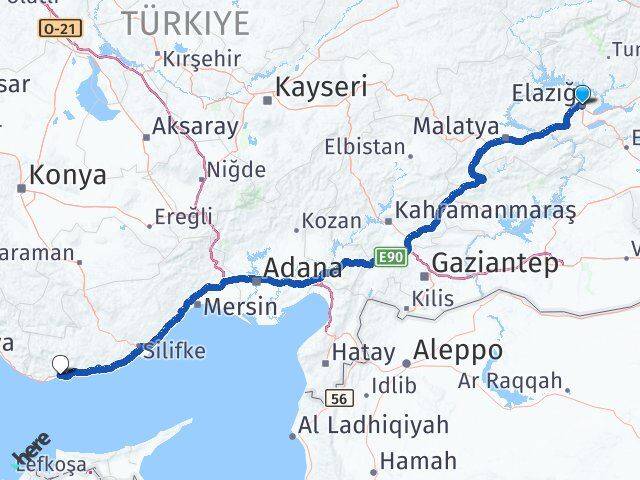 Elazığ Bozyazı Mersin Arası Kaç Km - Yol Haritası