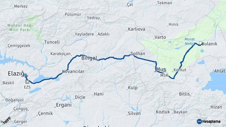 Elazığ Bulanık Muş Arası Kaç Km - Yol Haritası