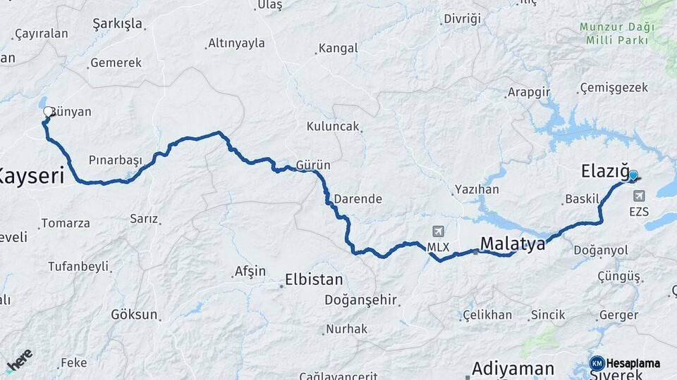 Elazığ Bünyan Kayseri Arası Kaç Km - Yol Haritası