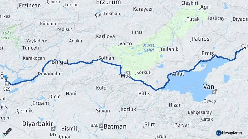 Elazığ Çaldıran Van Arası Kaç Km - Yol Haritası