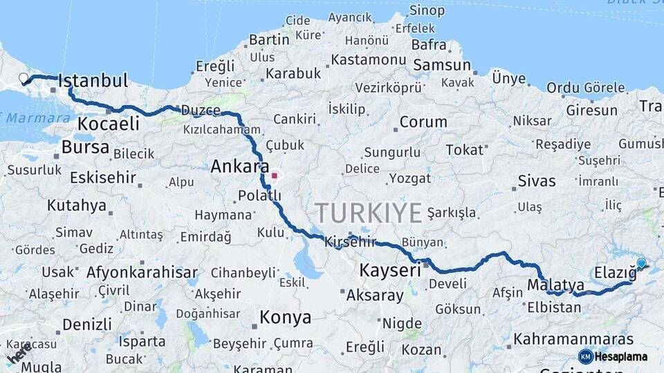Elazığ Çatalca İstanbul Arası Kaç Km - Yol Haritası