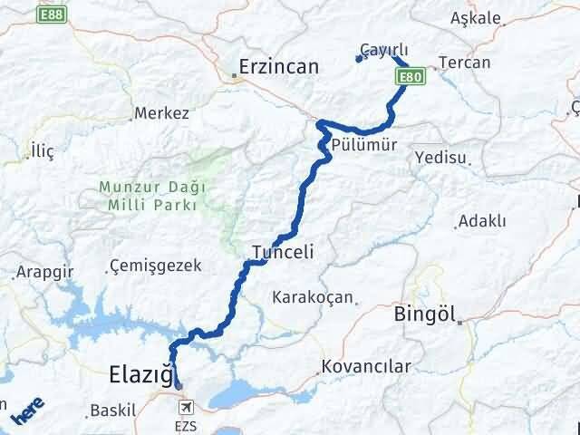 Elazığ Çayırlı Erzincan Arası Kaç Km - Yol Haritası