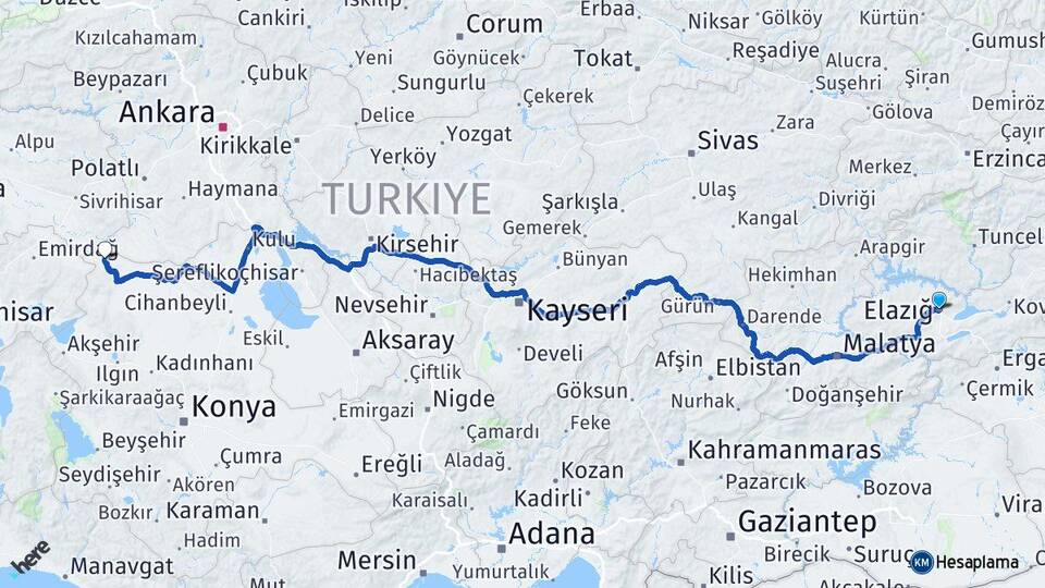 Elazığ Çeltik Konya Arası Kaç Km - Yol Haritası
