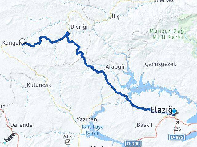 Elazığ Çetinkaya Kangal Sivas Arası Kaç Km - Yol Haritası