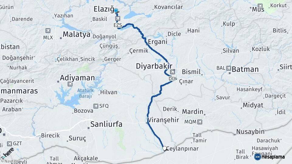 Elazığ Ceylanpınar Şanlıurfa Arası Kaç Km - Yol Haritası