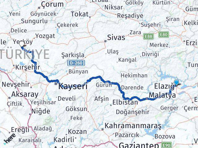 Elazığ Çiçekdağı Kırşehir Arası Kaç Km - Yol Haritası