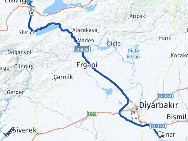 Elazığ Çınar Diyarbakır Arası Kaç Km - Yol Haritası