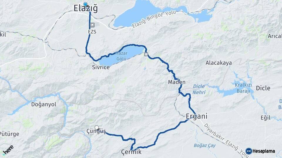 Elazığ Çüngüş Diyarbakır Arası Kaç Km - Yol Haritası