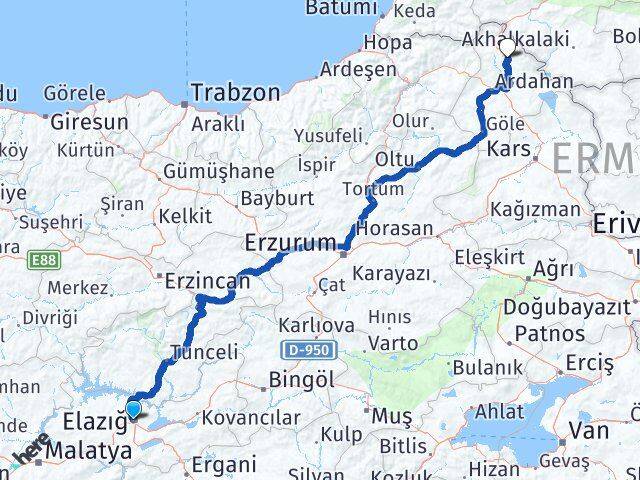 Elazığ Damal Ardahan Arası Kaç Km - Yol Haritası
