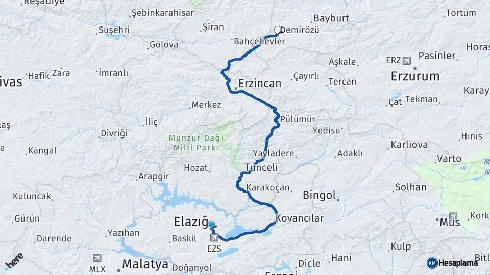 Elazığ Demirözü Bayburt Arası Kaç Km - Yol Haritası