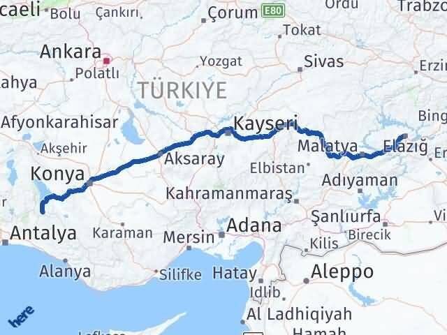 Elazığ Derebucak Konya Arası Kaç Km - Yol Haritası