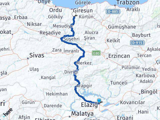 Elazığ Dereli Giresun Arası Kaç Km - Yol Haritası
