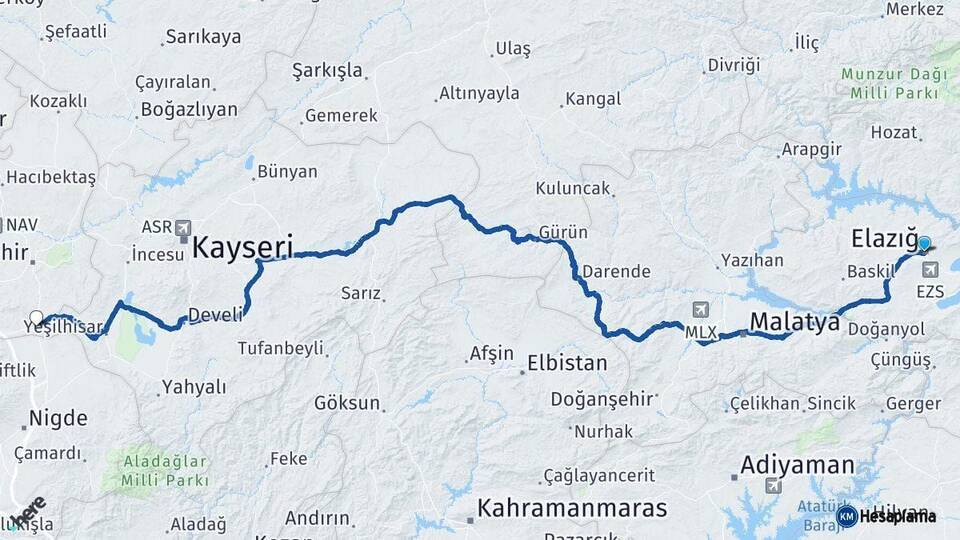 Elazığ Derinkuyu Nevşehir Arası Kaç Km - Yol Haritası