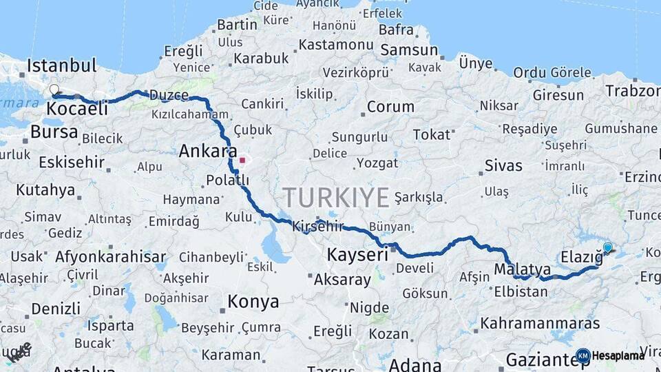 Elazığ Dilovası Kocaeli Arası Kaç Km - Yol Haritası