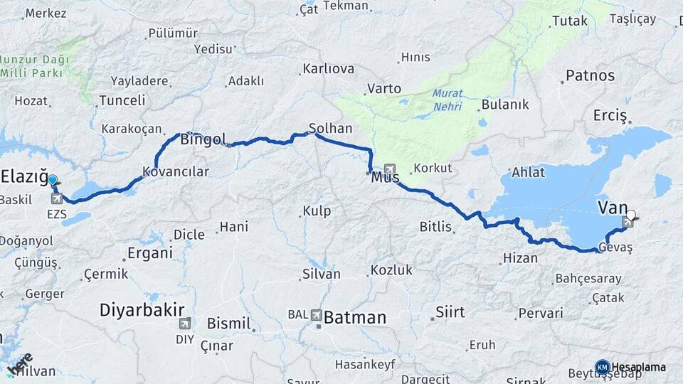 Elazığ Edremit Van Arası Kaç Km - Yol Haritası