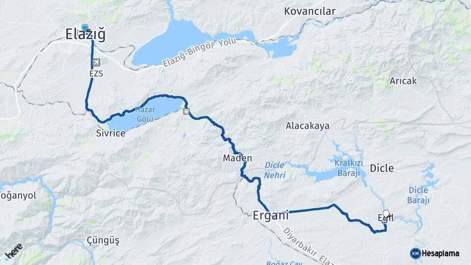Elazığ Eğil Diyarbakır Arası Kaç Km - Yol Haritası