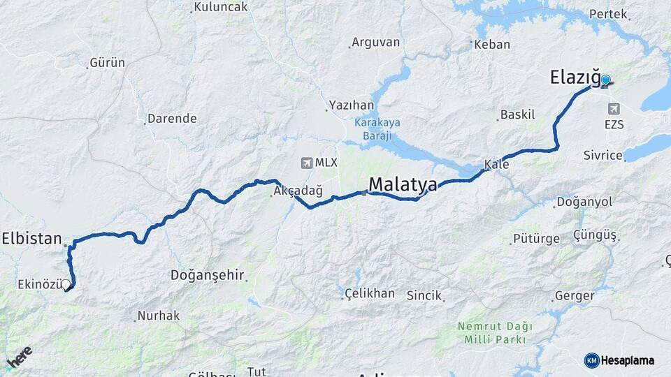Elazığ Ekinözü Kahramanmaraş Arası Kaç Km - Yol Haritası
