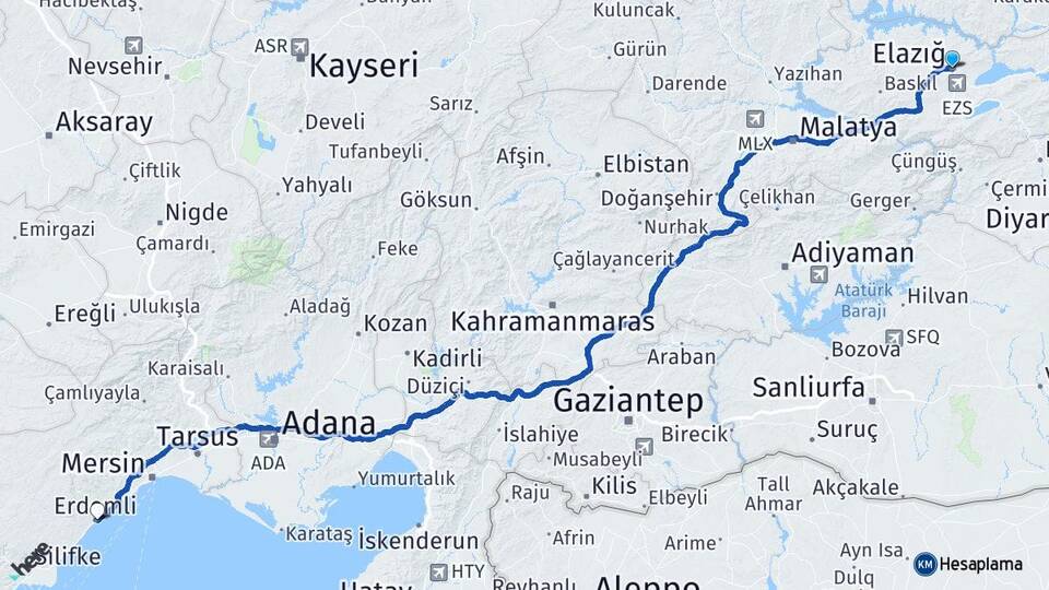 Elazığ Erdemli Mersin Arası Kaç Km - Yol Haritası