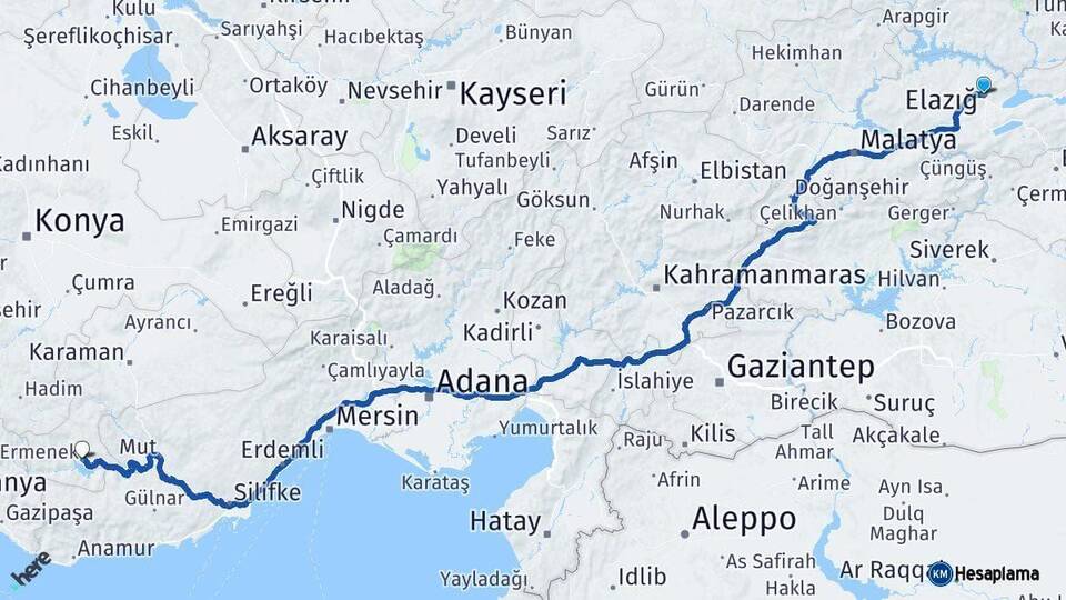 Elazığ Ermenek Karaman Arası Kaç Km - Yol Haritası