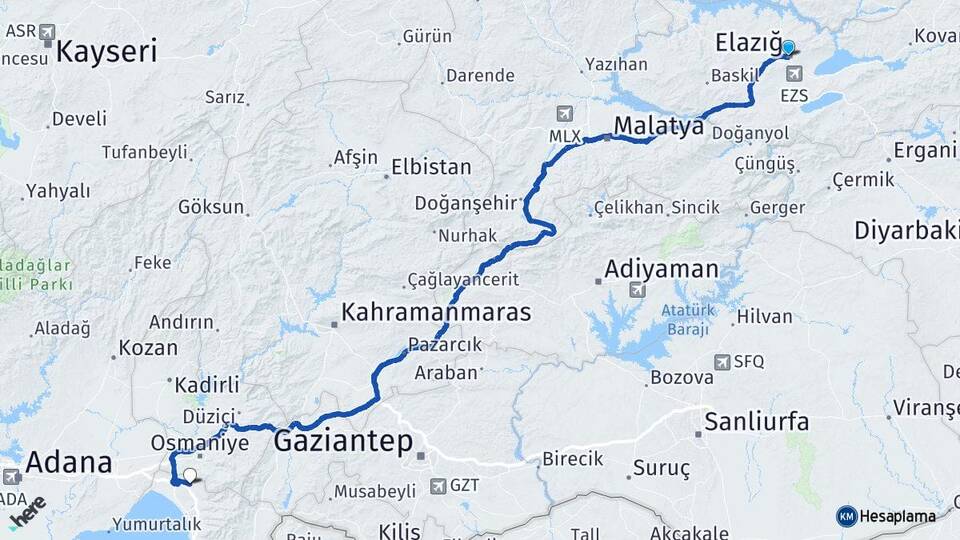Elazığ Erzin Hatay Arası Kaç Saat? Yol Haritası, Yakıt, Rota ve Mesafe Hesaplama Elazığ Erzin Hatay Arası Kaç Km? Kaç Saat? Yol Haritası