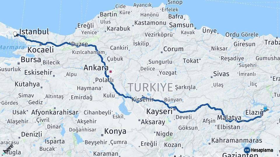 Elazığ Esenler İstanbul Arası Kaç Km - Yol Haritası