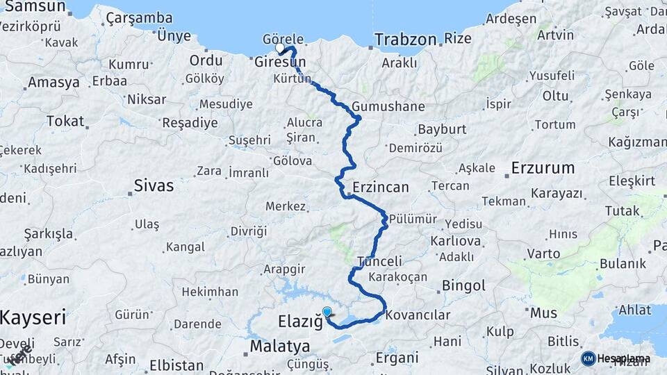 Elazığ Espiye Giresun Arası Kaç Km - Yol Haritası