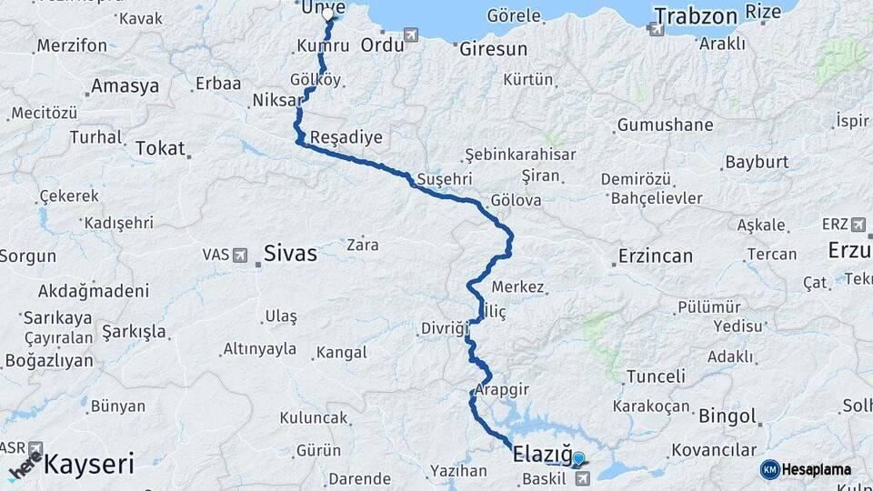 Elazığ Fatsa Ordu Arası Kaç Km - Yol Haritası