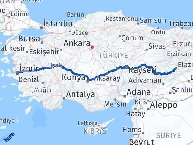 Elazığ Gaziemir İzmir Arası Kaç Km - Yol Haritası