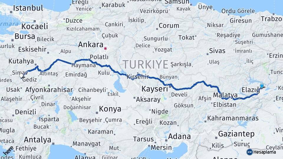 Elazığ Gediz Kütahya Arası Kaç Km - Yol Haritası