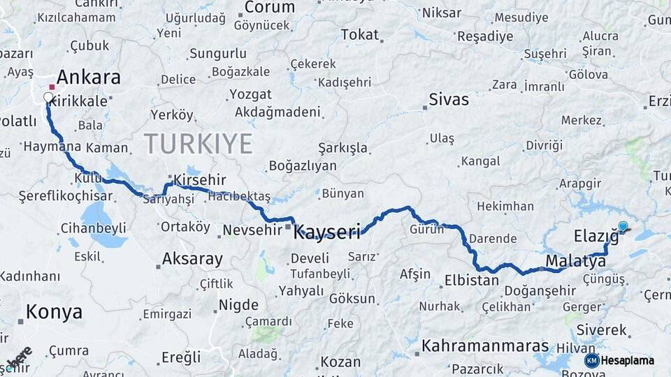 Elazığ Gölbaşı Ankara Arası Kaç Km - Yol Haritası