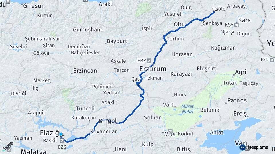 Elazığ Göle Ardahan Arası Kaç Km - Yol Haritası