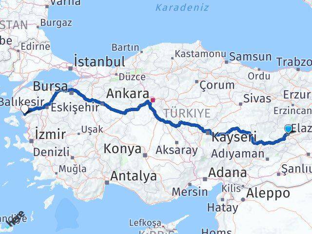 Elazığ Gömeç Balıkesir Arası Kaç Km - Yol Haritası