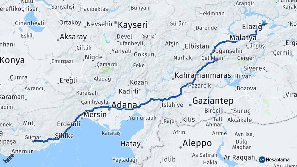 Elazığ Gülnar Mersin Arası Kaç Km - Yol Haritası