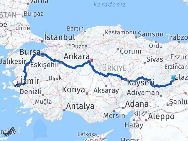 Elazığ Güzelbahçe İzmir Arası Kaç Km - Yol Haritası