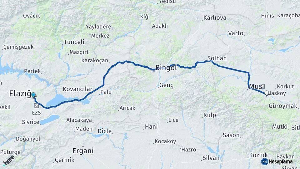 Elazığ Hasköy Muş Arası Kaç Km - Yol Haritası