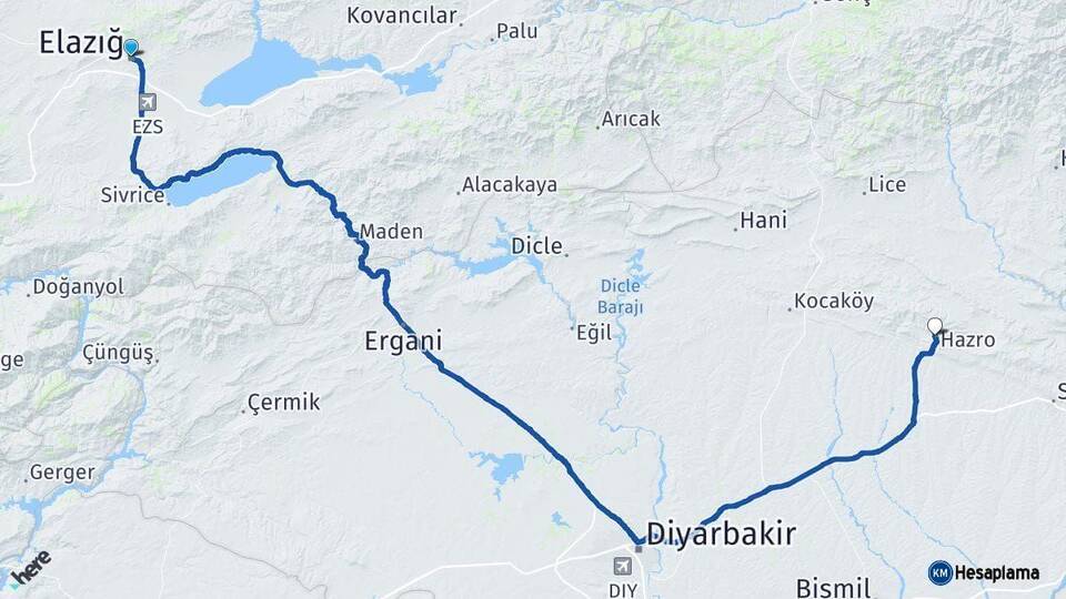 Elazığ Hazro Diyarbakır Arası Kaç Km - Yol Haritası