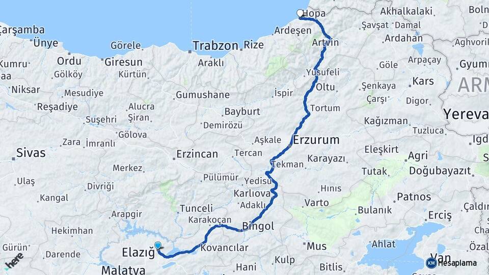 Elazığ Hopa Artvin Arası Kaç Km - Yol Haritası
