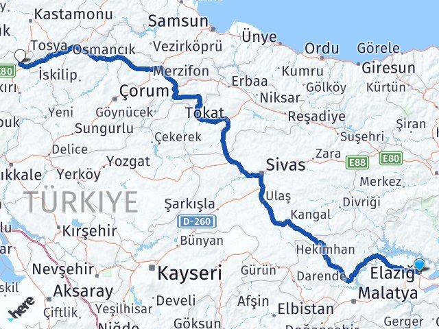 Elazığ Ilgaz Çankırı Arası Kaç Km - Yol Haritası