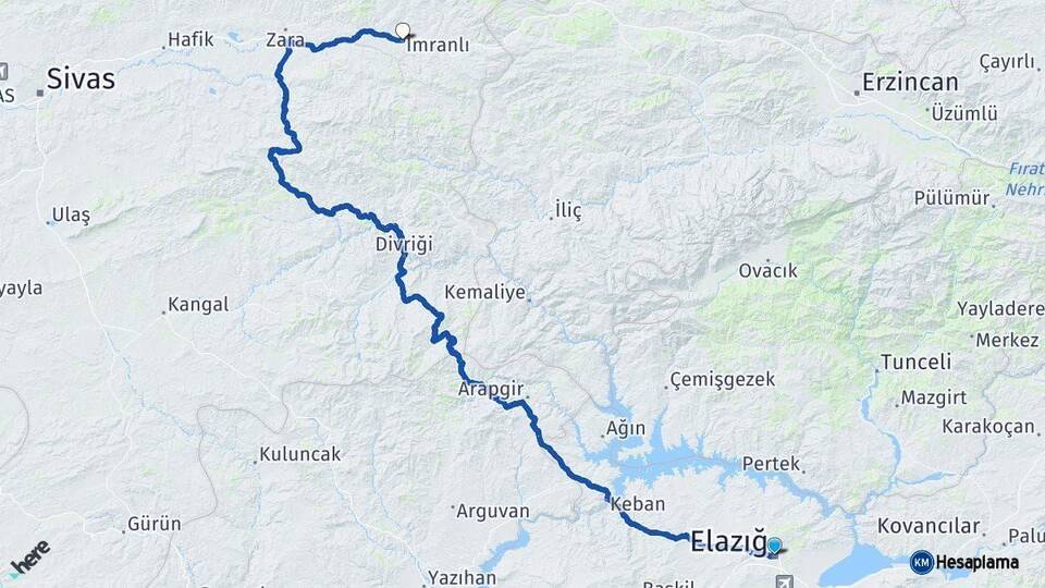 Elazığ İmranlı Sivas Arası Kaç Km - Yol Haritası