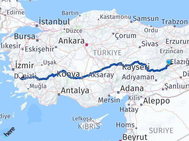 Elazığ İncirliova Aydın Arası Kaç Km - Yol Haritası