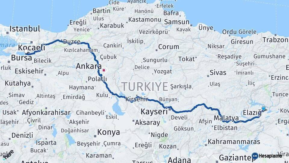 Elazığ İznik Bursa Arası Kaç Km - Yol Haritası