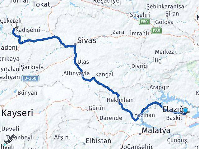 Elazığ Kadışehri Yozgat Arası Kaç Km - Yol Haritası