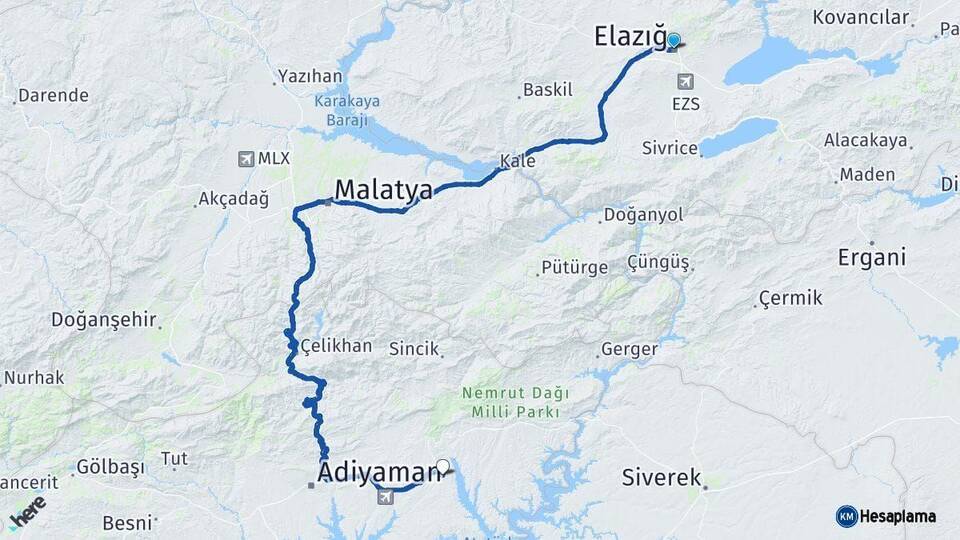 Elazığ Kahta Adıyaman Arası Kaç Km - Yol Haritası