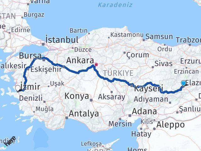Elazığ Karabağlar İzmir Arası Kaç Km - Yol Haritası
