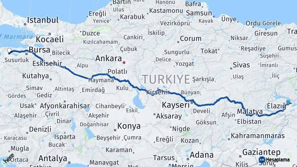 Elazığ Karacabey Bursa Arası Kaç Km - Yol Haritası