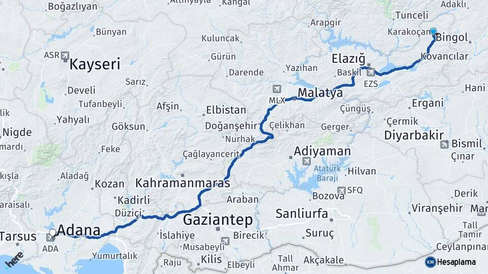 Elazığ Karakoçan Adana Arası Kaç Km - Yol Haritası