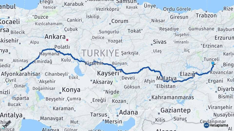 Elazığ Karakoçan Afyonkarahisar Arası Kaç Km - Yol Haritası