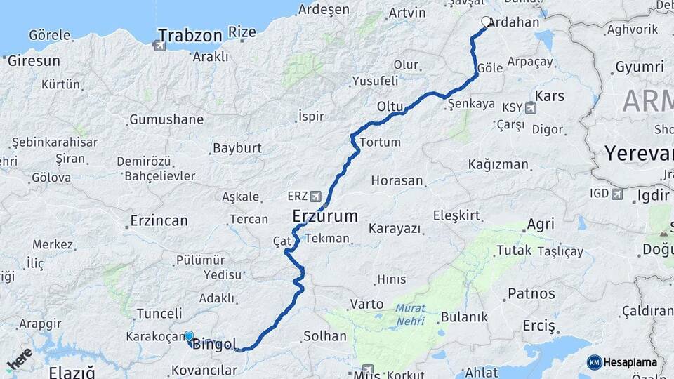 Elazığ Karakoçan Ardahan Arası Kaç Km - Yol Haritası