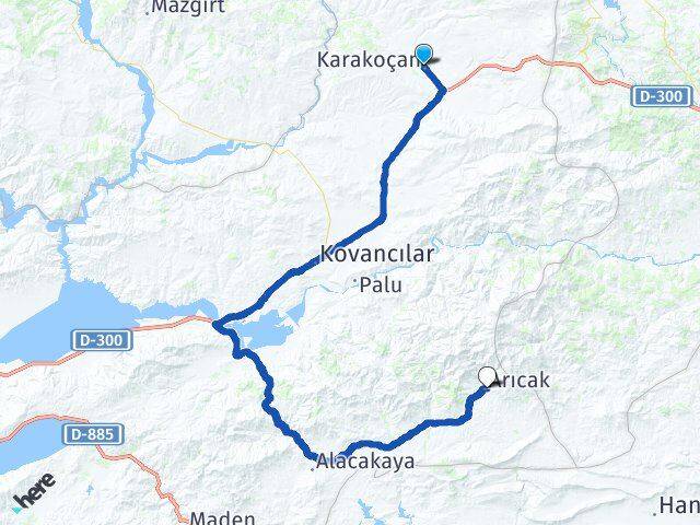 Elazığ Karakoçan Arıcak Arası Kaç Km - Yol Haritası