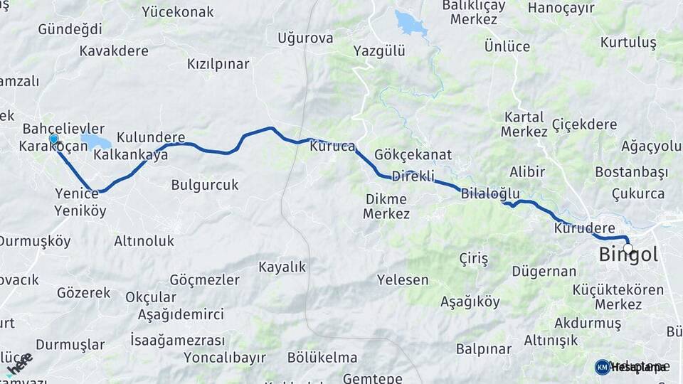 Elazığ Karakoçan Bingöl Arası Kaç Km - Yol Haritası